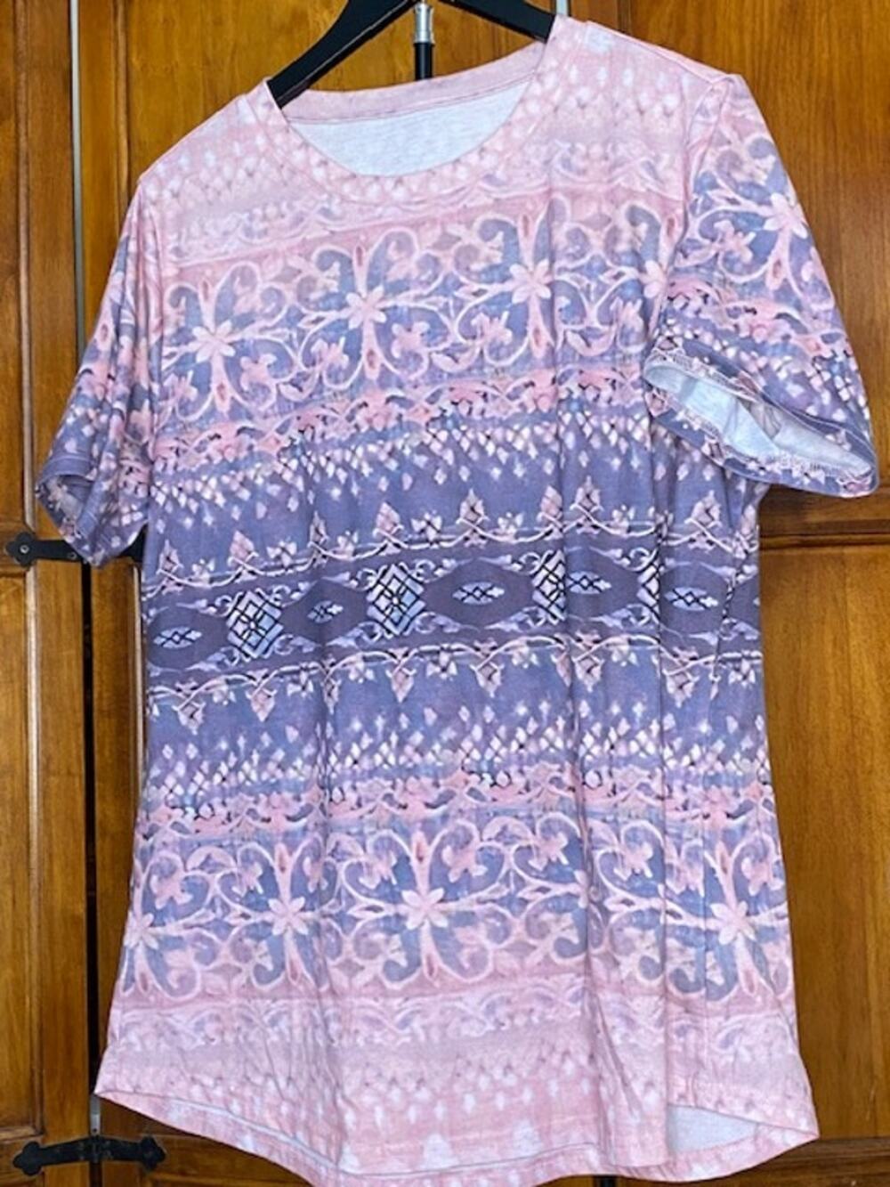 TCOT Women’s XL Blouse Pink Gray Floral Boho Print Short Sleeve Tunic Top